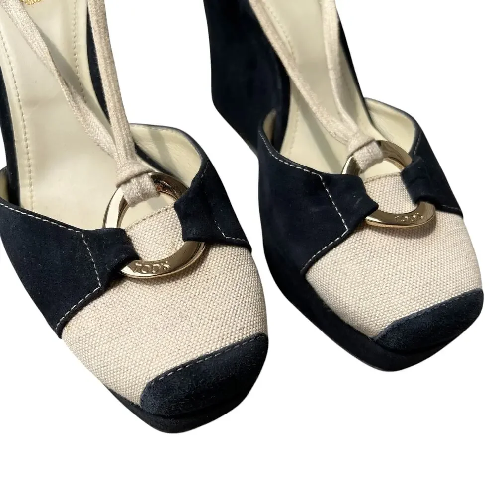 Tod's Made in Italy Nautical Wedge Heels Sz 38.5 As-Is